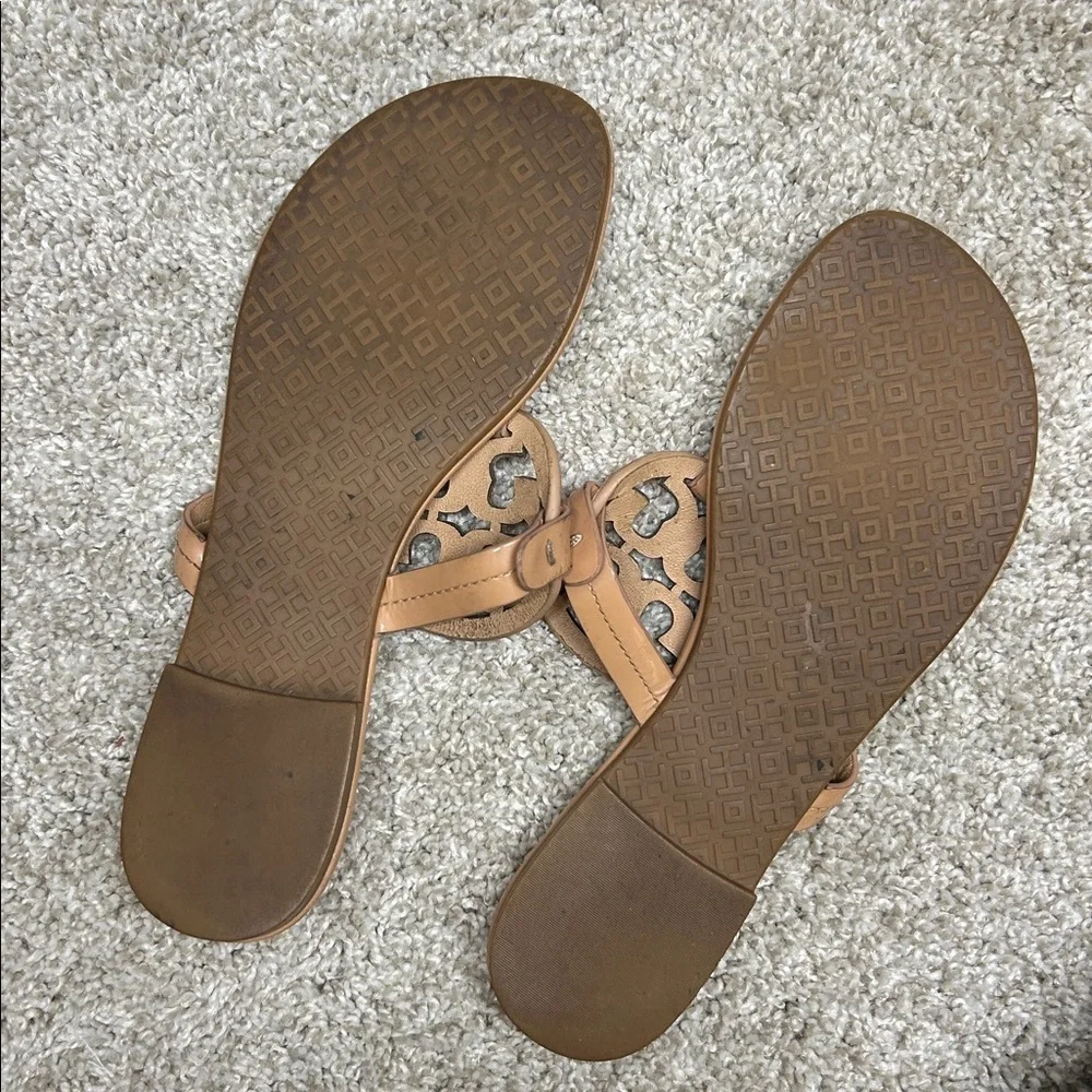 Tory Burch Tan Leather Sandal with Pink Yellow Green Logo Medallion Size-7